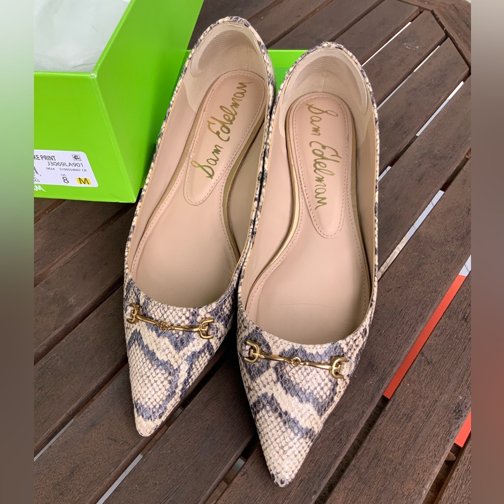 Sam Edelman Nori Cream and Tan Snake Pattern Flats, Size 8
